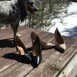 fancy dancy heels, light, pink, and black two pairs